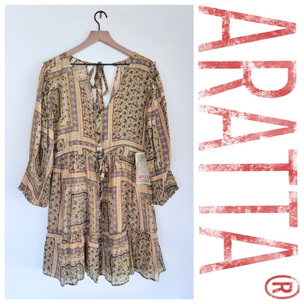 NEW Aratta Yellow Button Front Long Sleeve Boho Dress w Safety Pin Brooch Size S